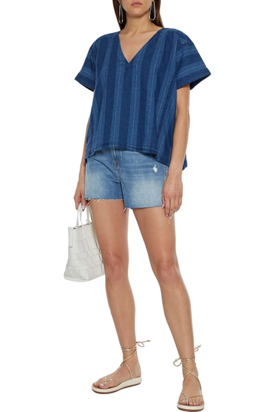 Shop Joie Theola Striped Linen And Cotton-blend Chambray Top In Mid Denim