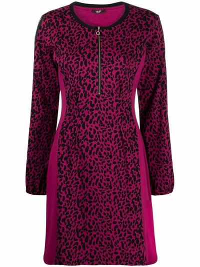 Shop Liu •jo Leopard-print Long-sleeve Dress In 粉色