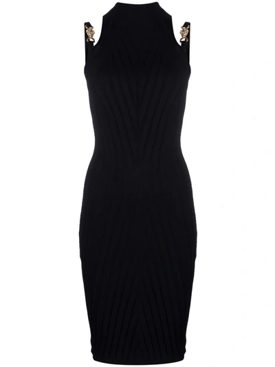 Shop Versace Medusa Ribbed-knit Knee-length Dress In Schwarz