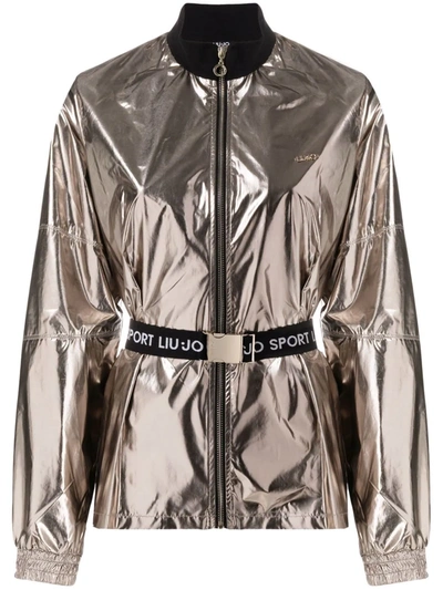 Shop Liu •jo Belted Zipped Bomber Jacket In Gold