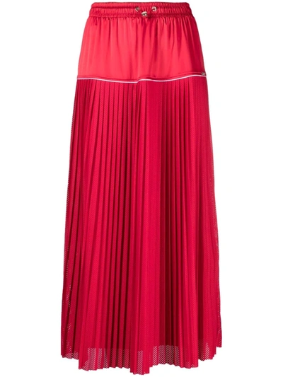 Shop Liu •jo Pleated Drawstring Mesh Midi Skirt In Rot