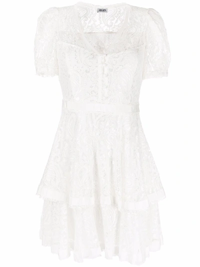 Shop Liu •jo Lace Flared Mini Dress In Weiss