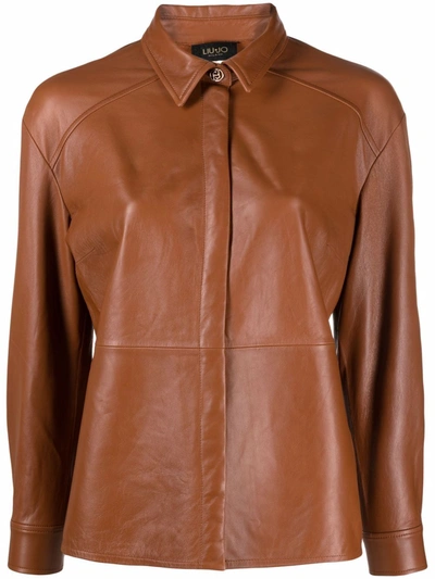 Shop Liu •jo Long-sleeve Leather Shirt In Braun