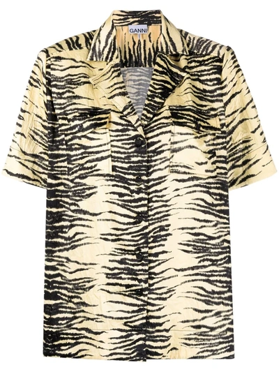 Shop Ganni Tiger-print Crinkled Satin Shirt In Gelb