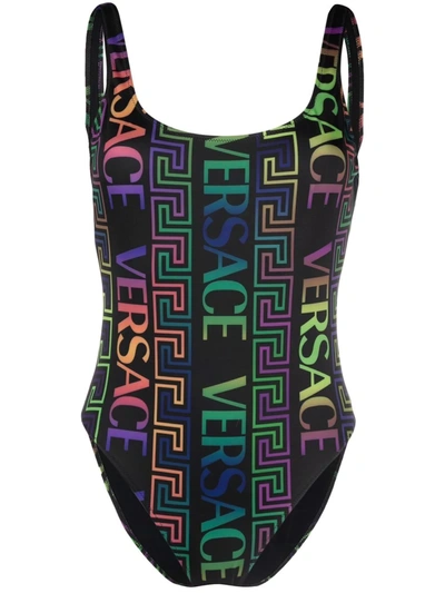 Shop Versace Greca Neon-print One-piece Swimsuit In Schwarz