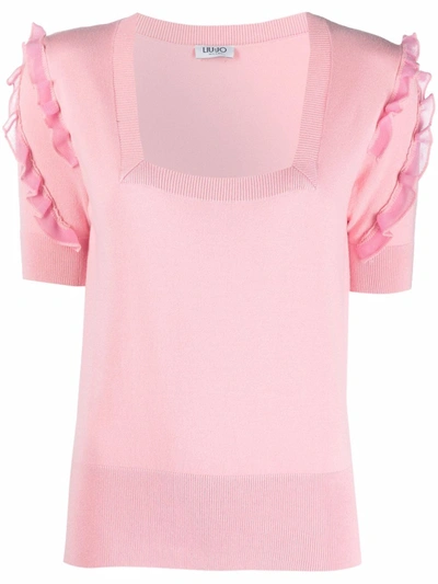 Shop Liu •jo Ruffled Sleeve Knitted Top In Rosa
