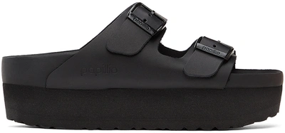 BIRKENSTOCK BLACK PAPILLIO LEATHER NARROW ARIZONA PLATFORM SANDALS 