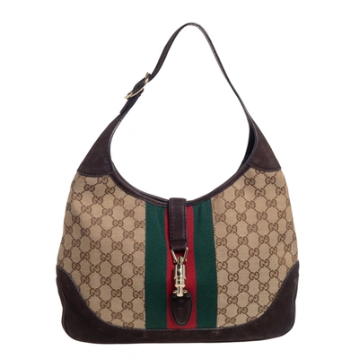 Pre-owned Gucci Beige/ebony Gg Canvas And Nubuck Leather Vintage Web New Jackie Hobo
