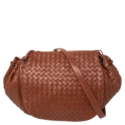 Pre-owned Bottega Veneta Cinnamon Brown Intrecciato Leather Drawstring Flap Crossbody Bag