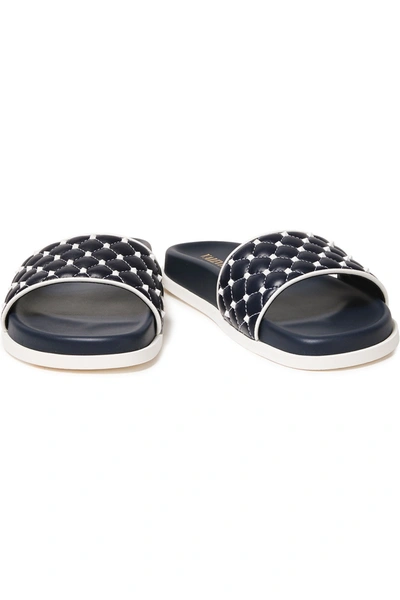 Shop Valentino Free Rockstud Spike Quilted Leather Slides In Midnight Blue