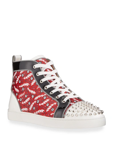 Shop Christian Louboutin Men's Lou Spikes Orlato Abstract Logo Print High-top Sneakers In Multi Pattern