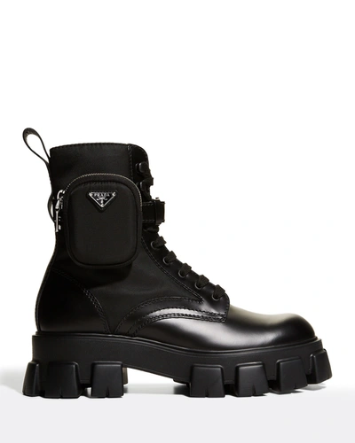 Shop Prada Men's Re-nylon & Leather Zip Pocket Combat Boots In Bianco