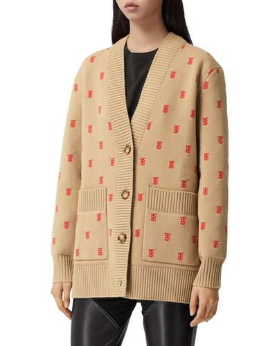 Shop Burberry Palena Tb-monogram Wool-cashmere Cardigan In Archive Beige