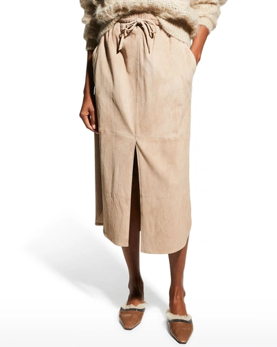 Shop Brunello Cucinelli Suede Paneled Midi Slit Skirt In C2426 Warm Beige