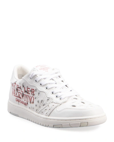 Shop Valentino Eyelet Leather Low-top Sneakers In 0bo Bianco