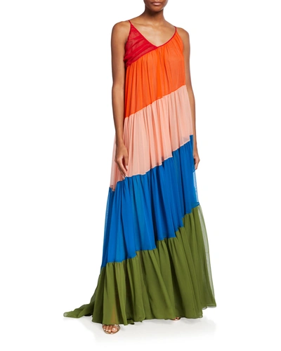 Shop Carolina Herrera Diagonal Tiered-colorblock Gown In Multi Color