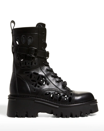 Shop Valentino Eyelet Leather Combat Boots In 0no Nero
