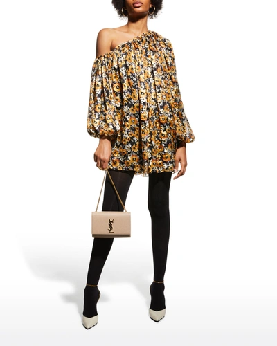 Shop Saint Laurent Floral One-shoulder Silk Mini Dress In Mauve