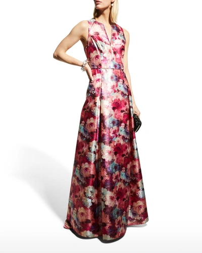 Shop Aidan Mattox Floral Jacquard Sleeveless Gown In Magenta Multi
