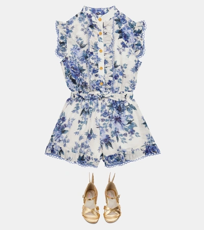 Shop Zimmermann Aliane Floral Cotton Playsuit In Blue