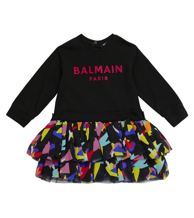 Shop Balmain Baby Cotton And Tulle Dress In Black