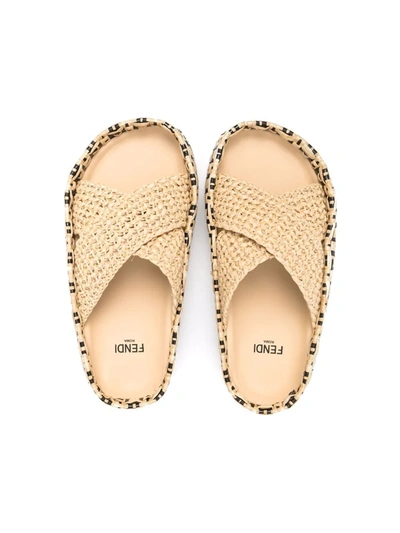 Shop Fendi Crossover-strap Straw Sandals In Neutrals