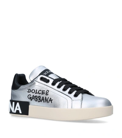 Shop Dolce & Gabbana Portofino Script Sneakers In Silver