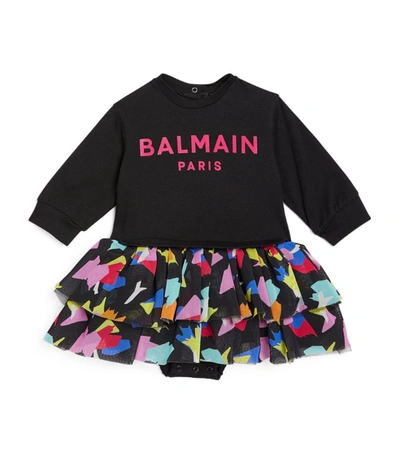 Shop Balmain Kids Cotton Ruffled Sweatshirt Dress (6-36 Months) In Black