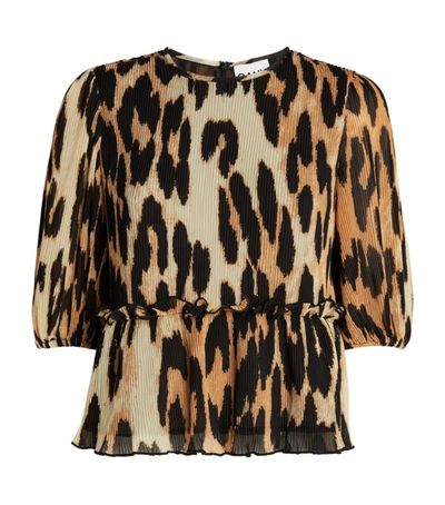 Shop Ganni Pleated Leopard Georgette Top In Multi