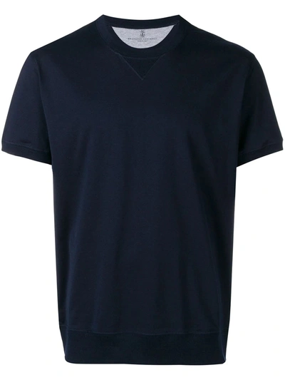 Shop Brunello Cucinelli Navy Blue Cotton Blend Sweat T-shirt