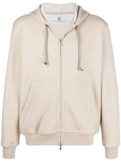 Shop Brunello Cucinelli Cashmere Drawstring Zip-up Hoodie In Neutrals