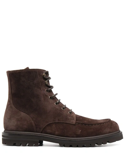Shop Brunello Cucinelli Lace-up Suede Boots In Brown