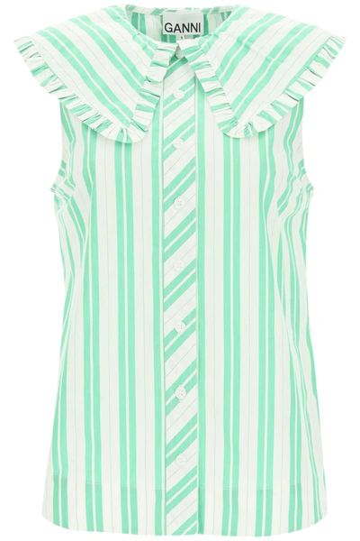 Shop Ganni Sleeveless Shirt With Collar In White,green