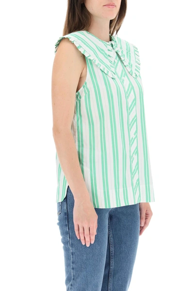 Shop Ganni Sleeveless Shirt With Collar In White,green