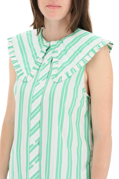 Shop Ganni Sleeveless Shirt With Collar In White,green