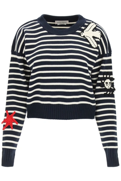 Shop Alexander Mcqueen Striped Sweater With Crochet Embroidery In White,blue