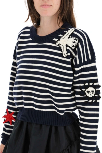 Shop Alexander Mcqueen Striped Sweater With Crochet Embroidery In White,blue