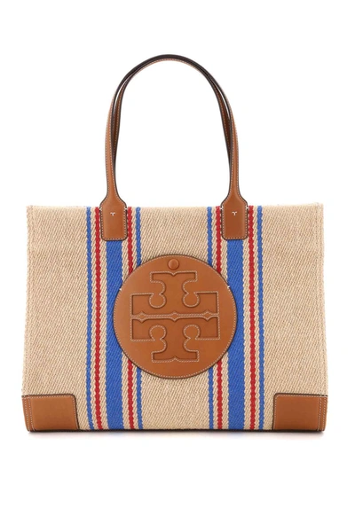 Shop Tory Burch Ella Linen Stripe Tote In Beige,blue,red