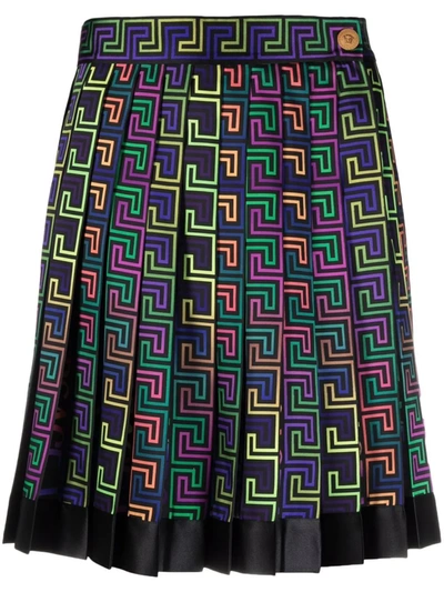 Shop Versace Greca Neon-print Pleated Skirt In Schwarz