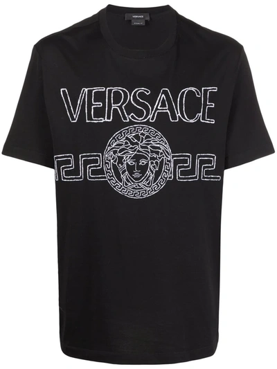 Shop Versace Logo-embroidered T-shirt In Schwarz