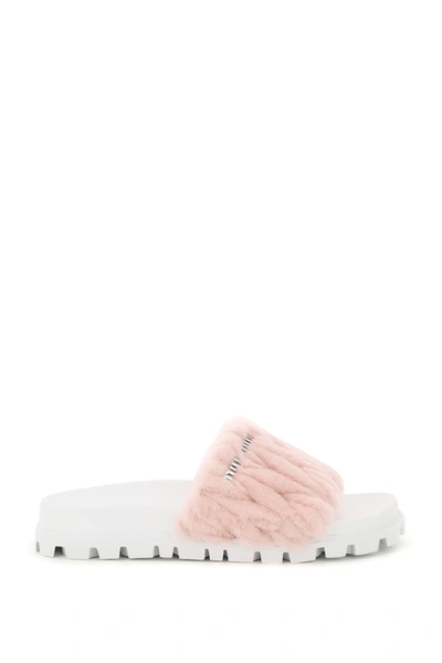 Shop Miu Miu Matelasse' Shearling Slides In White,pink