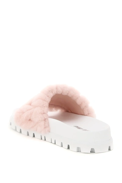 Shop Miu Miu Matelasse' Shearling Slides In White,pink