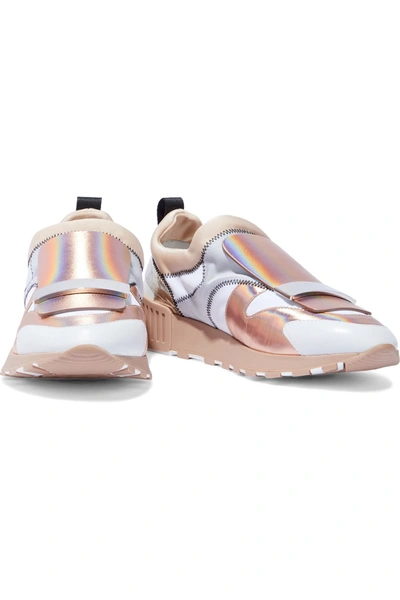 Shop Sergio Rossi Sr1 Iridescent, Metallic Cracked-leather And Neoprene Slip-on Sneakers In Rose Gold