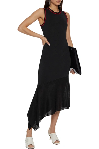 Shop Victoria Beckham Asymmetric Fluted Stretch-knit Midi Dress In Black