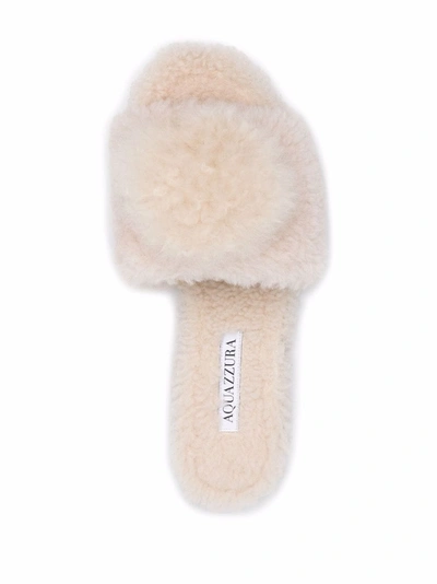 Aquazzura Off Duty Foxy Shearling & Alpaca Pom-pom Slides In Neutrals