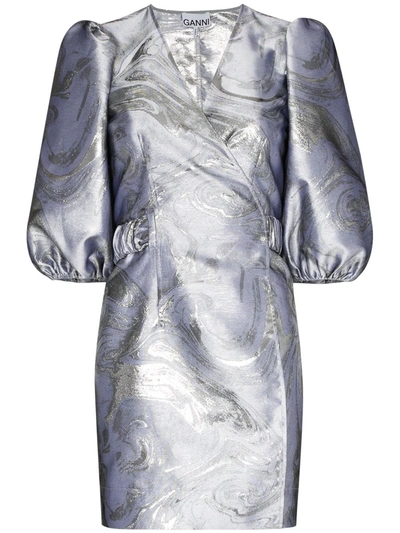 Shop Ganni Short-sleeve Jacquard Minidress In Silver
