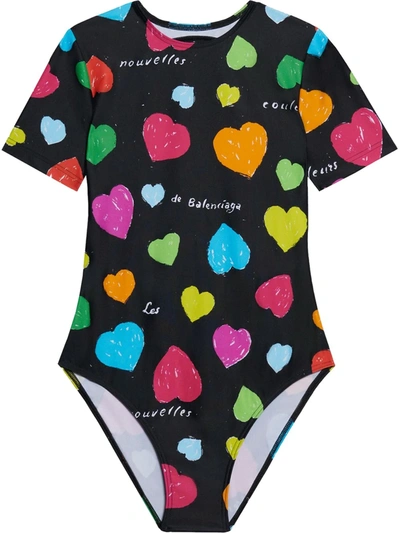 Shop Balenciaga Heart-print Open-back Swimsuit In Black