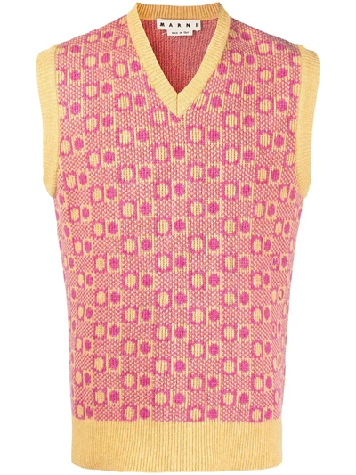 Marni V-neck Geometric-jacquard Wool Sleeveless Sweater In Pink