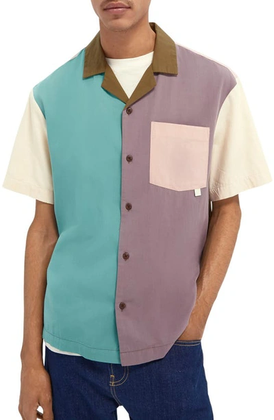 Shop Scotch & Soda Colorblock Short Sleeve Button-up Shirt In Blue/ Purple/ White