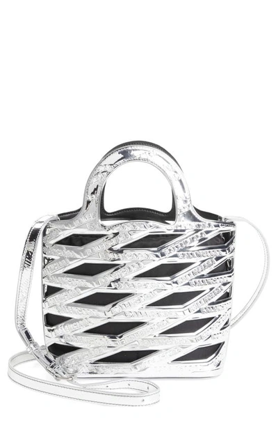 Shop Balenciaga Small Neo Logo Embossed Cutout Metallic Basket Tote In Silver Shiny/ Black